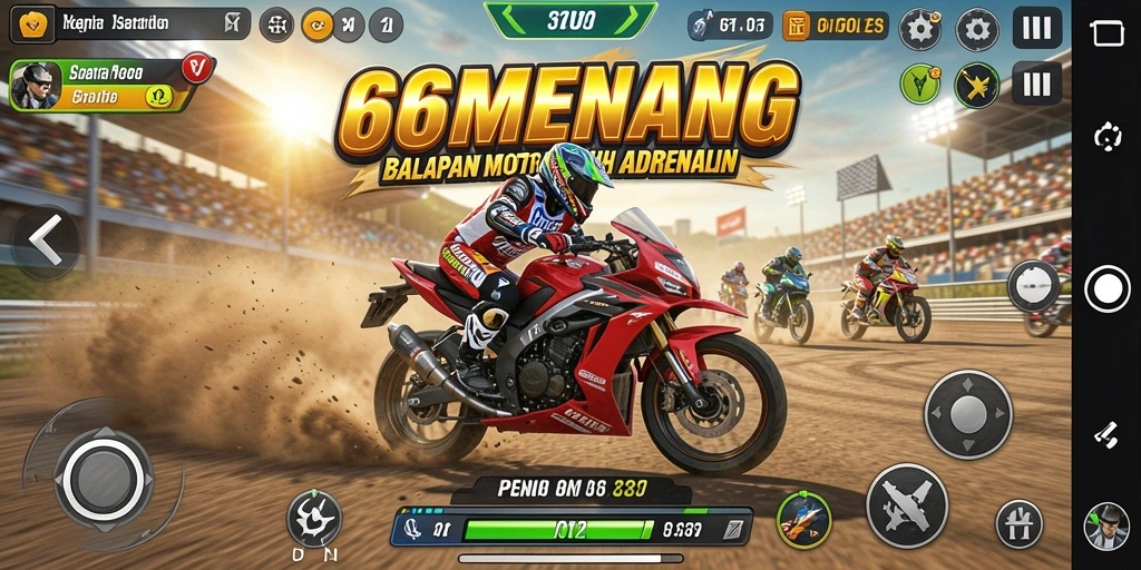 Tangkapan layar menampilkan balapan motor yang mendebarkan di 66MENANG.