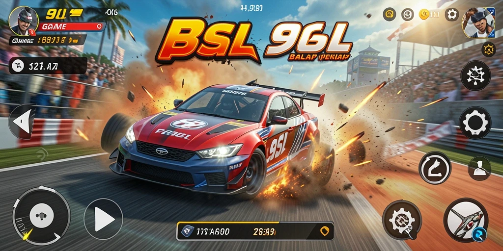 Screenshot 9SL menampilkan balapan cepat dengan mobil yang melaju kencang di lintasan.