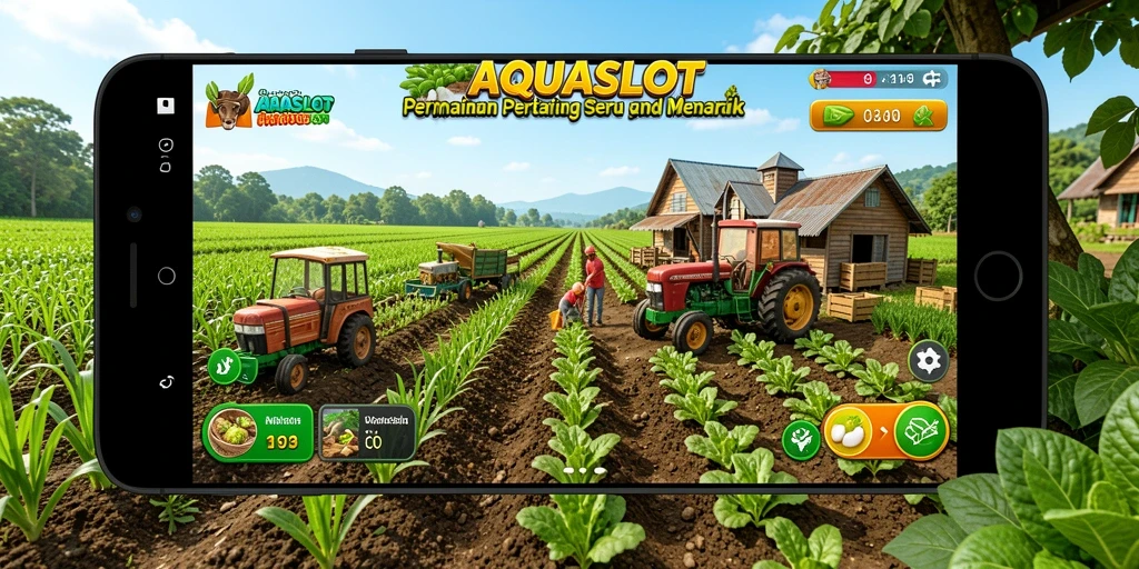 Screenshot utama AQUASLOT menampilkan ladang yang hijau dan subur dengan berbagai tanaman.
