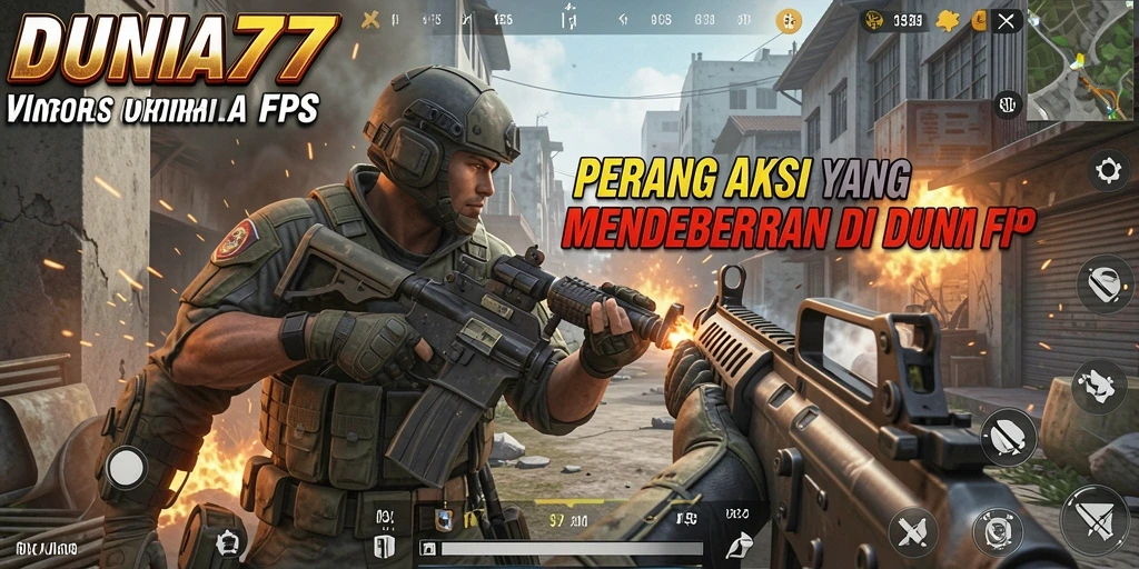 Screenshot utama DUNIA77 menampilkan aksi gameplay FPS yang mendebarkan.