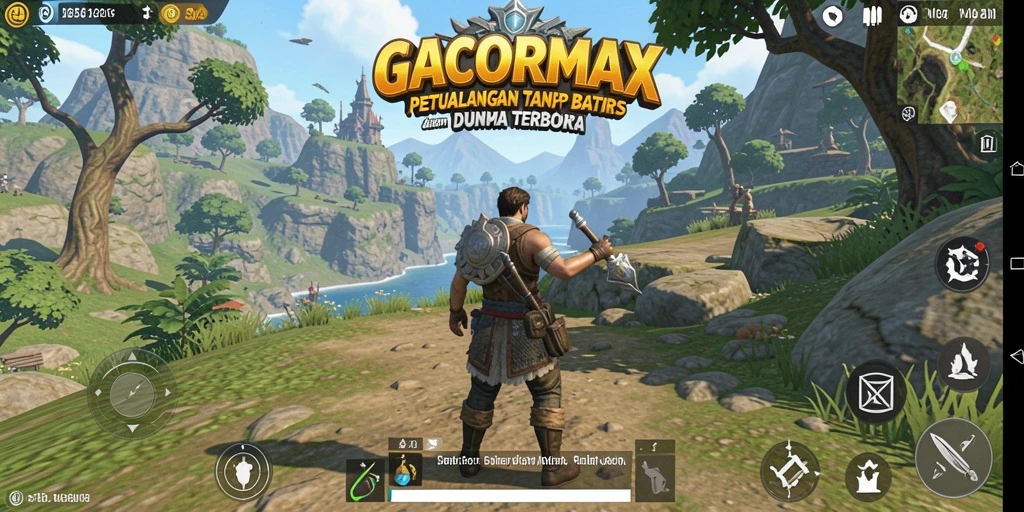 Screenshot gameplay GACORMAX yang menampilkan dunia terbuka yang luas dan dinamis.