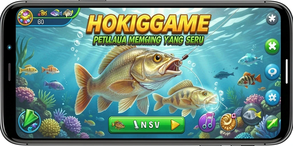Tampilan gameplay HOKIGAME dengan berbagai aksi memancing yang seru.