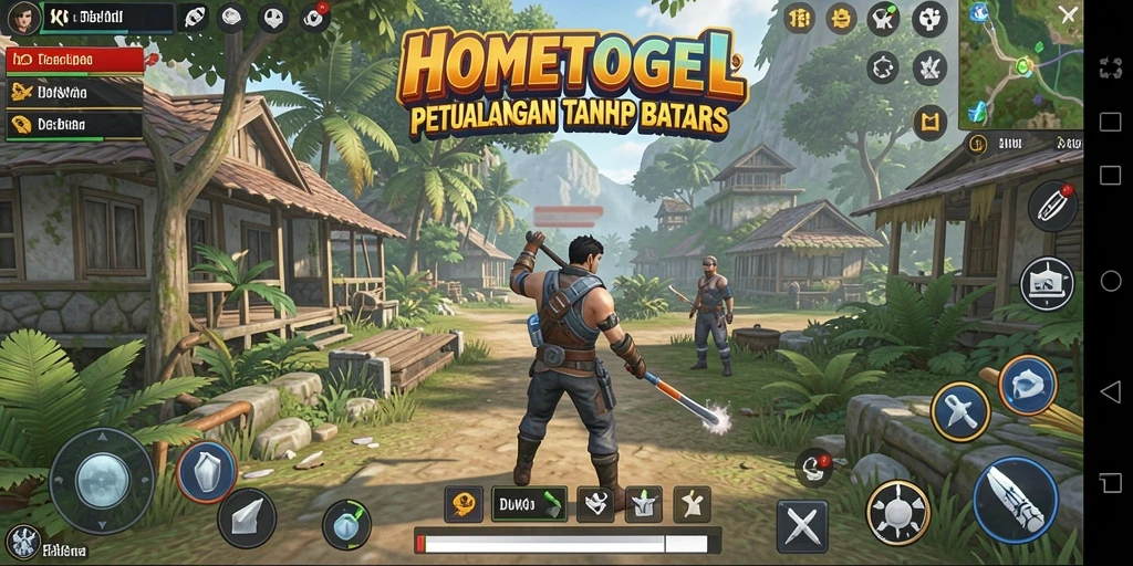 Tampilan gameplay HOMETOGEL yang menampilkan eksplorasi dunia terbuka.