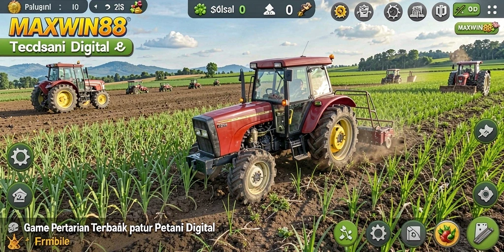 Tampilan gameplay <strong>MAXWIN88</strong> yang menampilkan proses berkebun dan panen.
