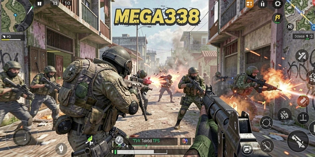 Tampilan gameplay seru dalam MEGA338 dengan aksi tembak-menembak intens.