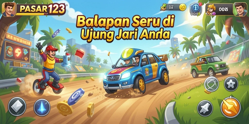 Screenshot PASAR123 menampilkan aksi balapan yang mendebarkan di trek yang menantang.