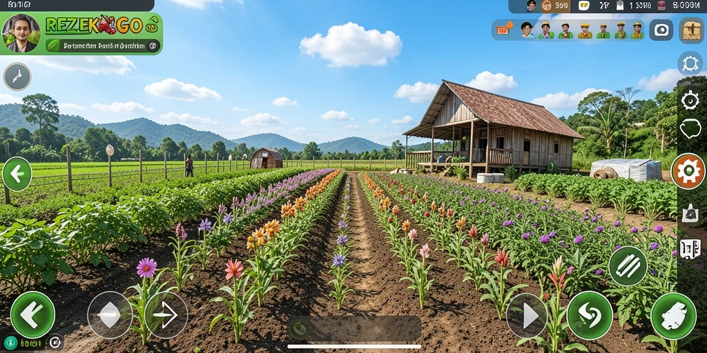 Tampilan seru gameplay REZEKIGO dengan aktivitas bertani.