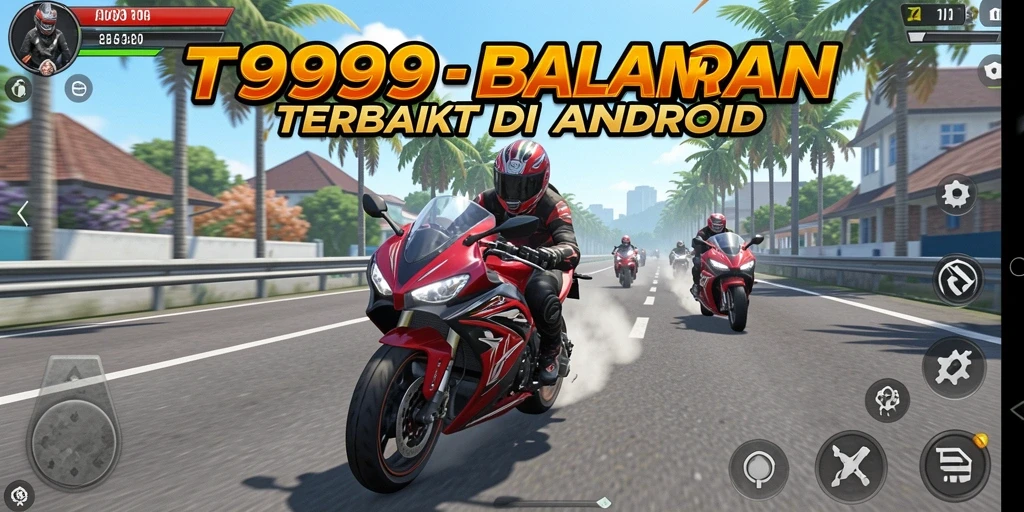 Screenshot T9999 menunjukkan balapan motor mendebarkan di trek yang menantang.