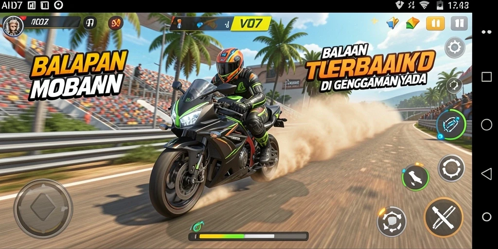 Tampilan gameplay V07 dengan aksi balapan motor yang seru.