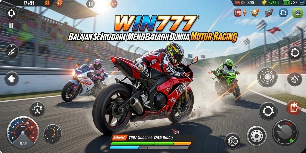 Screenshot utama WIN777 menampilkan aksi seru balapan motor.